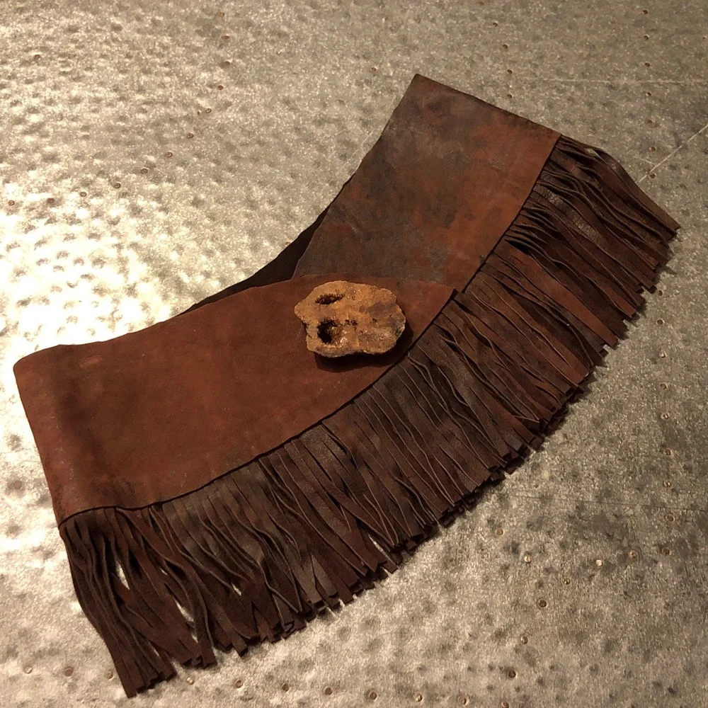 Pat Dahnke Reversible Brown Suede Fringe Waist Belt with Magnetic Geode Feature